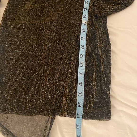 Faux Wrap Party Dress, Gold Shimmer on Black, Sheer Sleeves, Size Medium - Picture 8 of 9